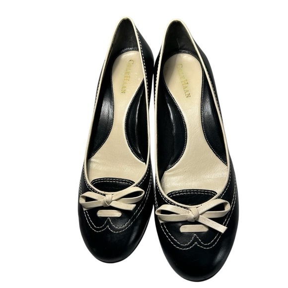 Cole Haan Black and White City Leather Bow Top Heels Sz 8.5AA - Picture 1 of 16